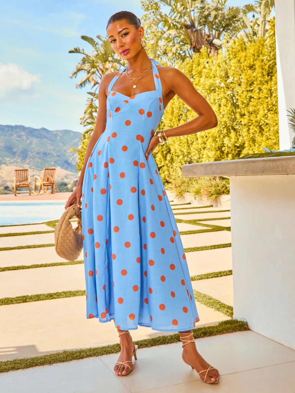 Vici Light Blue Midi Dress with Terracotta Polka Dots